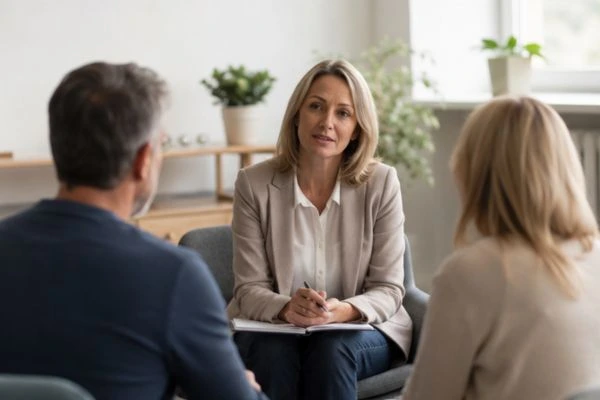 Couple discussing financial arrangement , pensions in divorce Workington